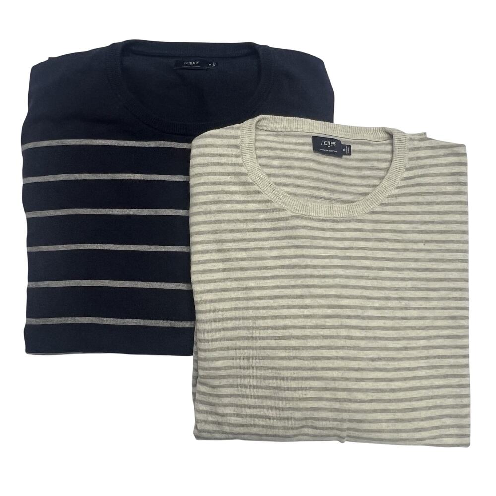 Lot Of 2- J Crew Men's Harbor Cotton Sweaters XL Crewneck Striped Navy Gray - Picture 1 of 10